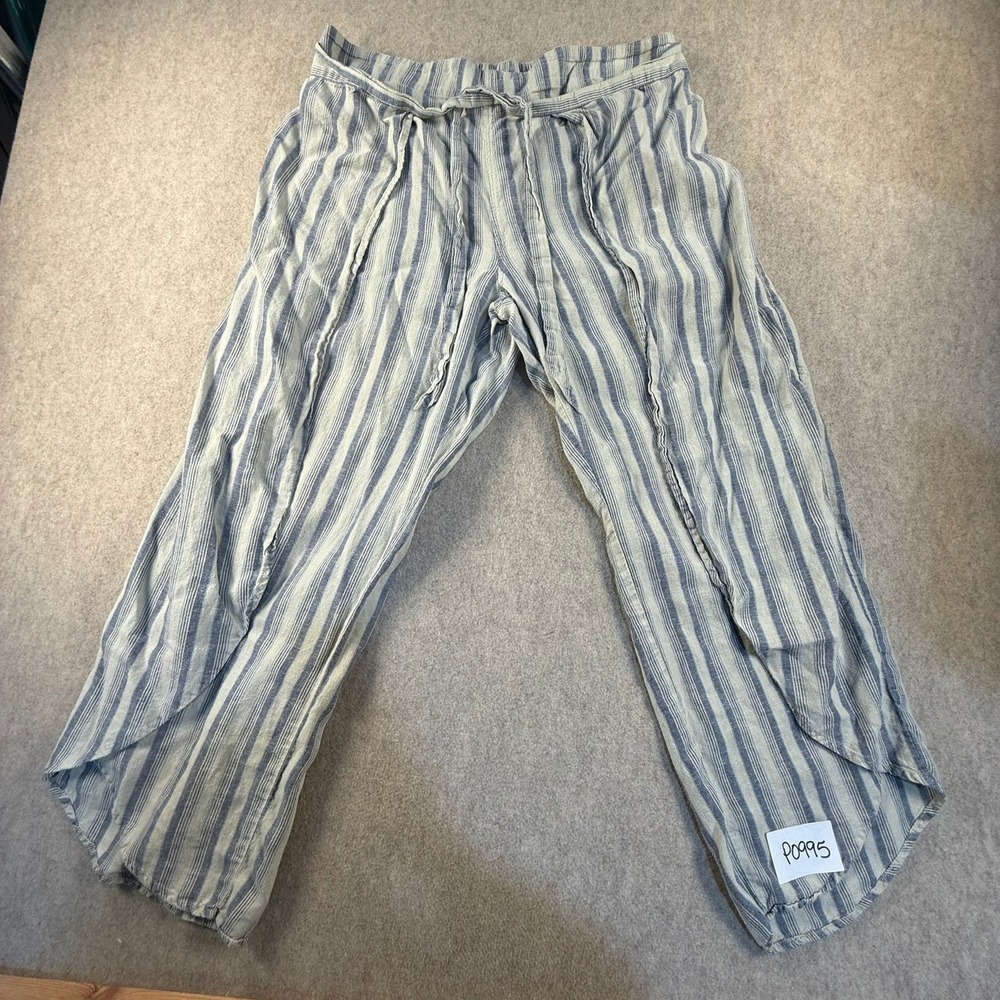 Patagonia Island Hemp Beach Pants Blue White Stripe Wide Leg Tulip Hem Large